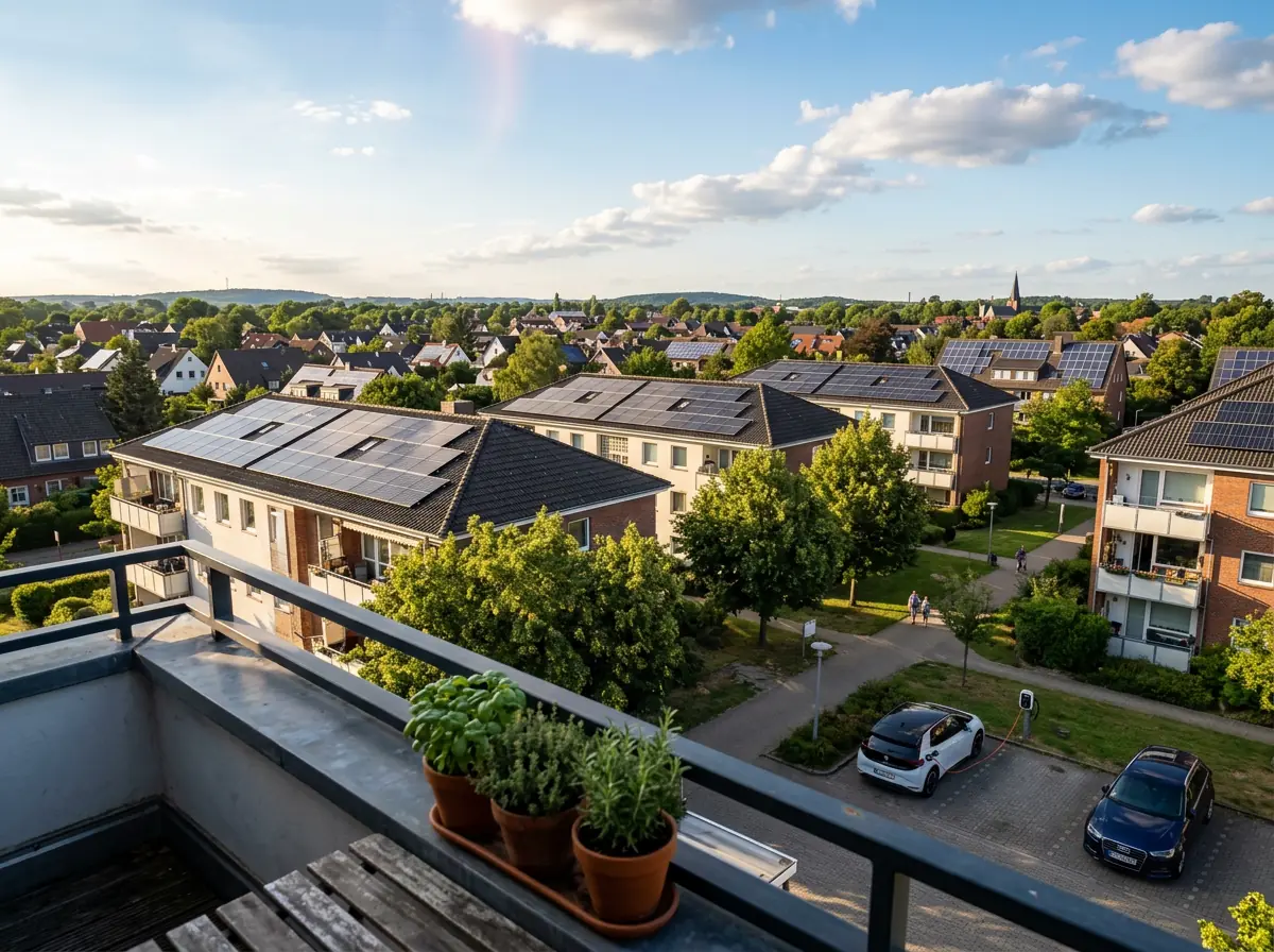 Blick vom Balkon über norddeutsche Wohngebäude mit Solaranlagen auf den Dächern – nachbarschaftliches Energy Sharing