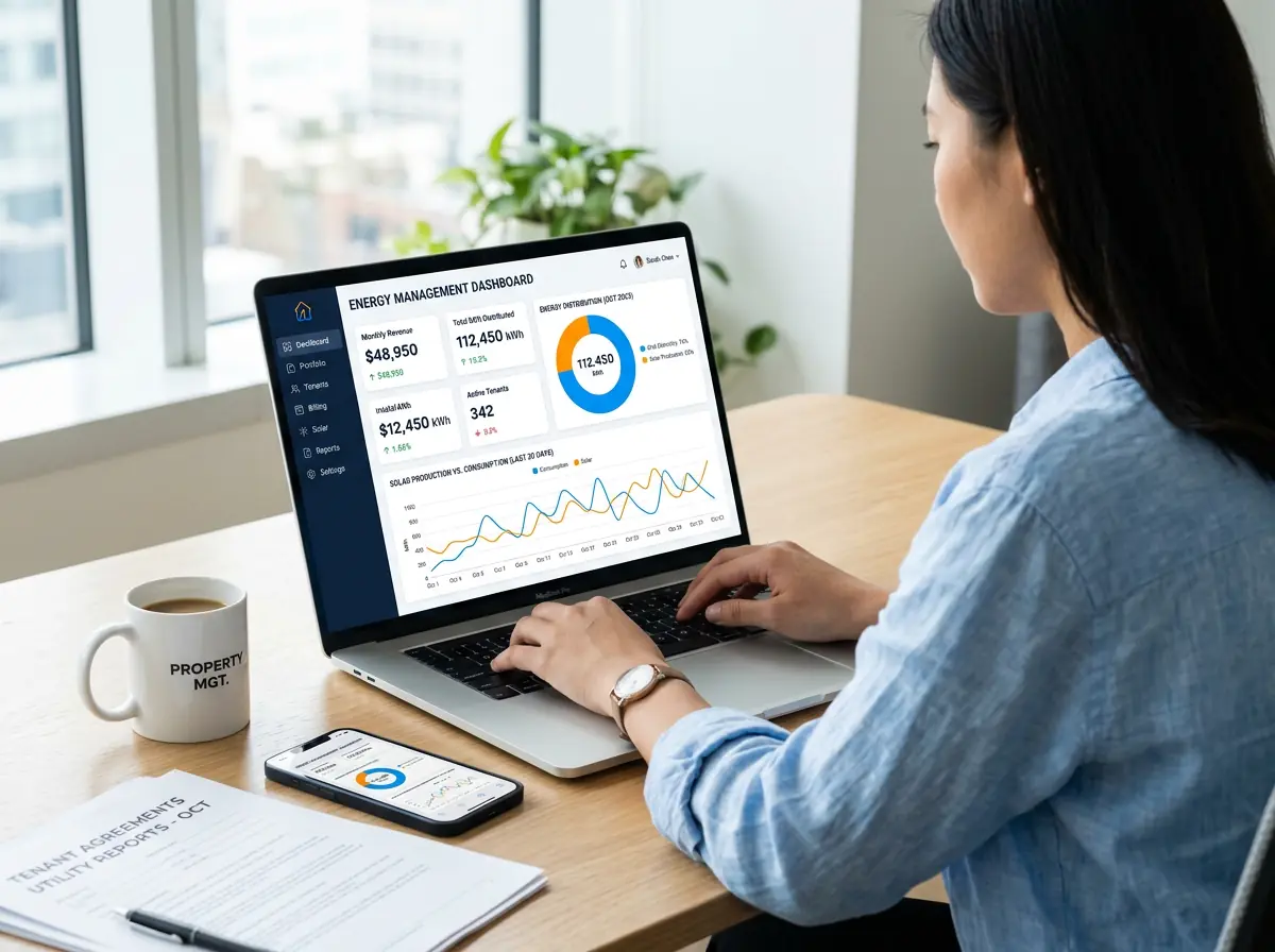 Vermieterin analysiert Strom- und Wärmedaten im NESH.HUB-Dashboard auf dem Laptop – digitale Energieabrechnung von Neshtec